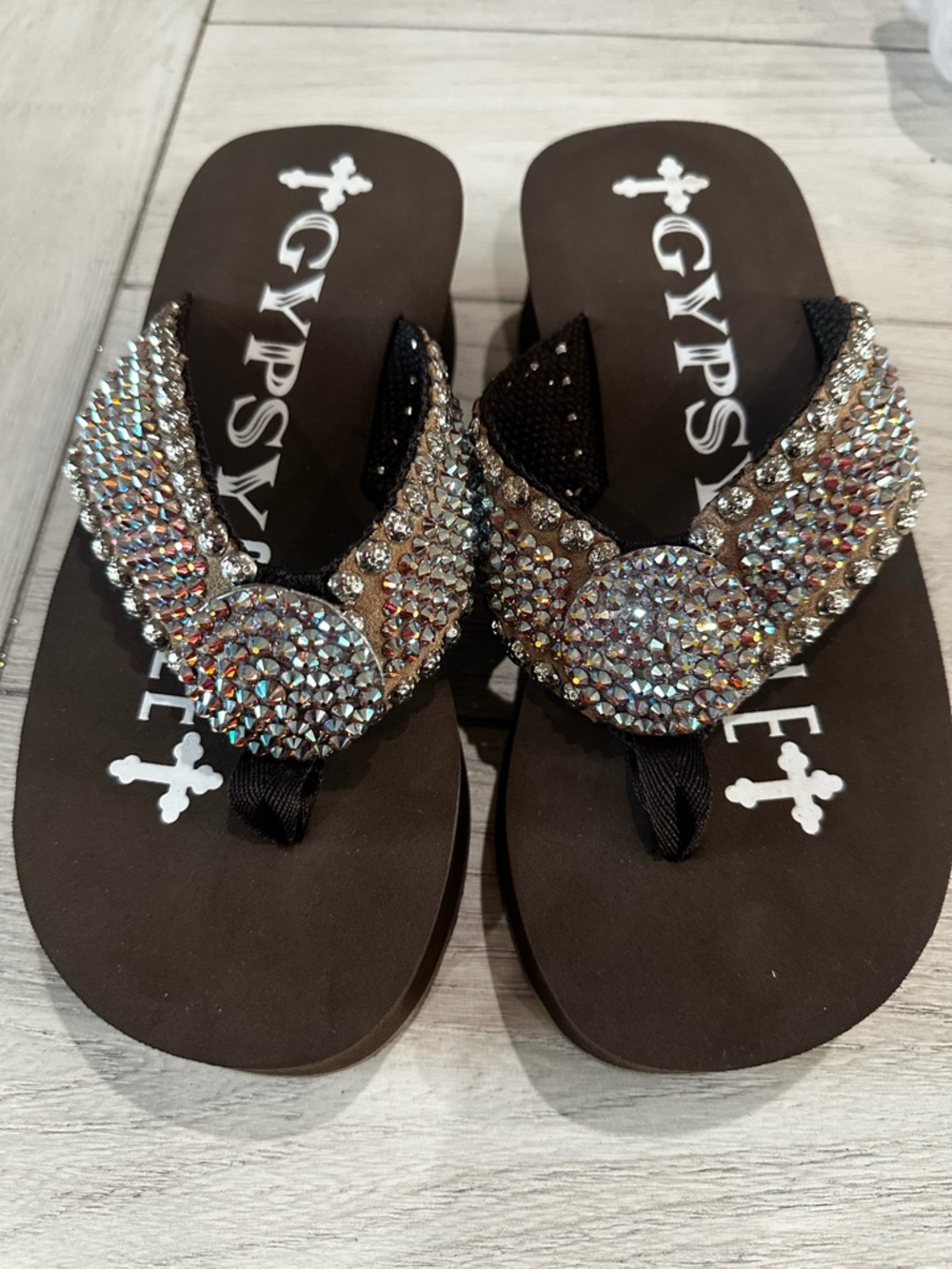Women's Black Flip Flop Sandals with Crystal Embellishment